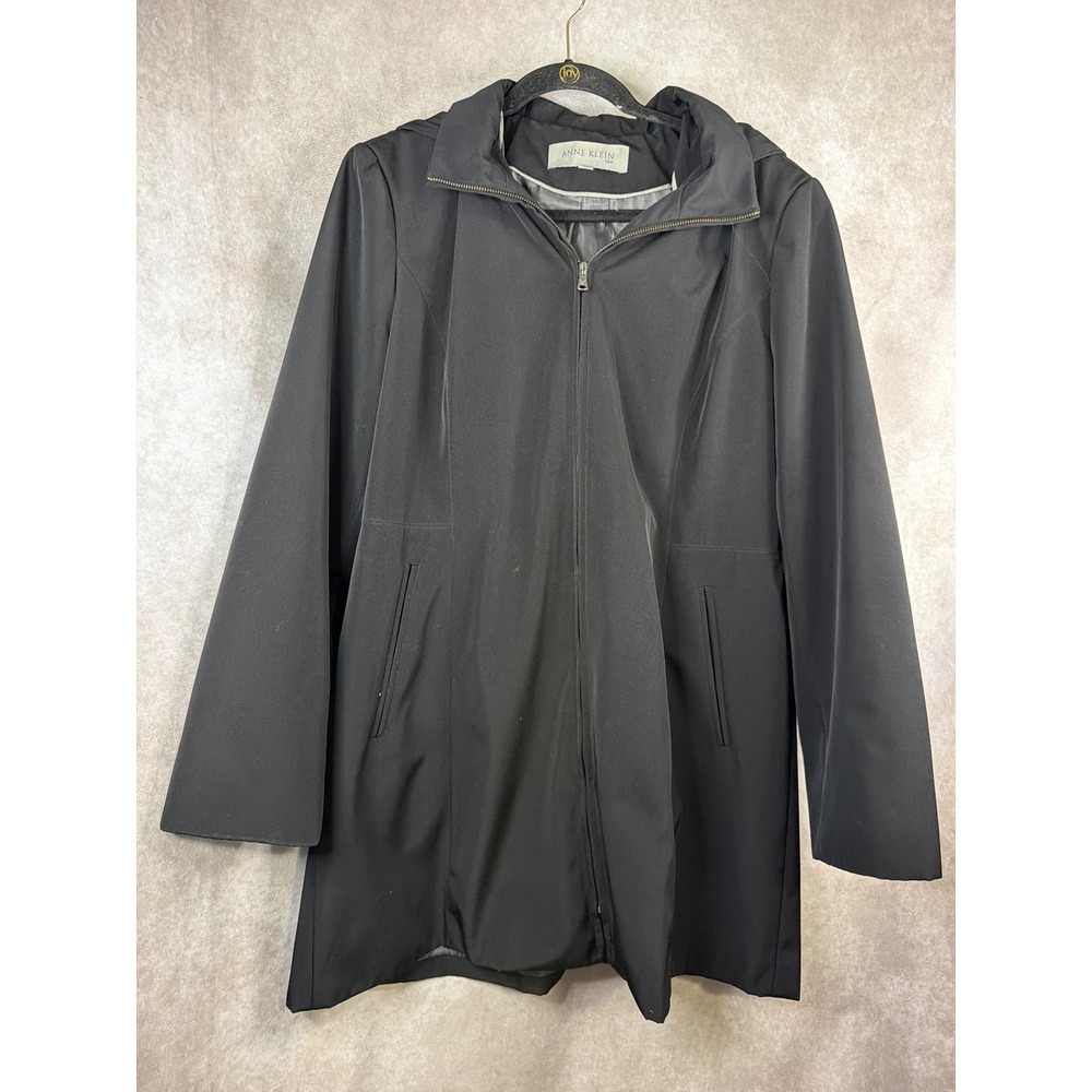 Anne Klein Coat Women XL Black Hooded Full Zip Lightweight Rain Jacket